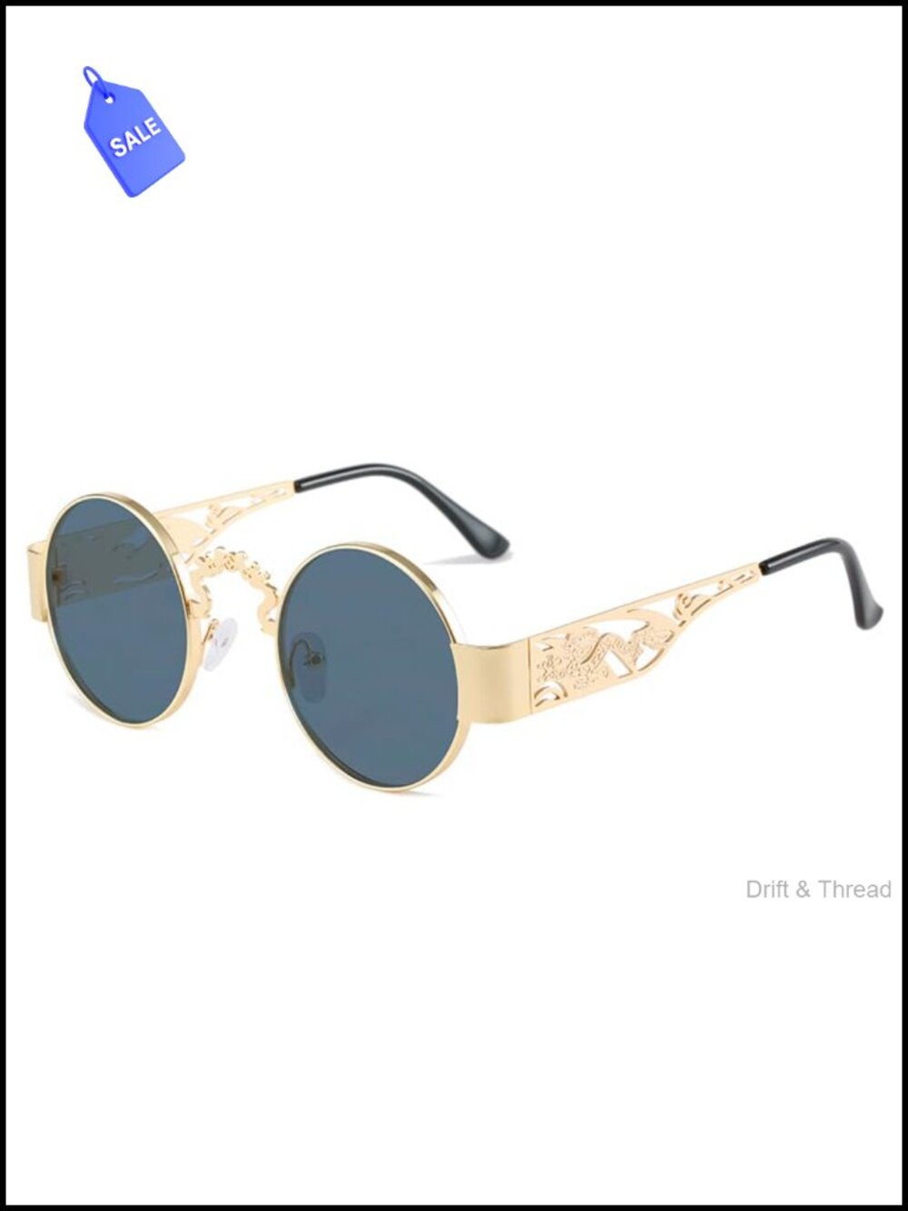 Round Metal Sunglasses Dragon Phoenix Engraved Hollow Temples UV400 Retro Punk